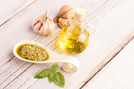 green pesto sauce with basil leaf,garlic and nutsの写真素材