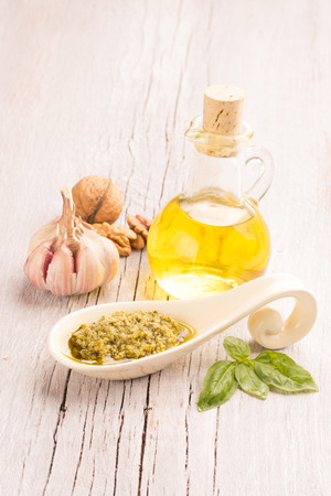 green pesto sauce with basil leaf,olive oil ,garlic and nutsの写真素材