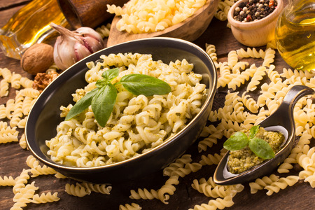 fusilli pasta with homemade pesto sauceの写真素材