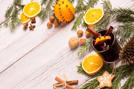 mulled wine with christmas decorationの写真素材