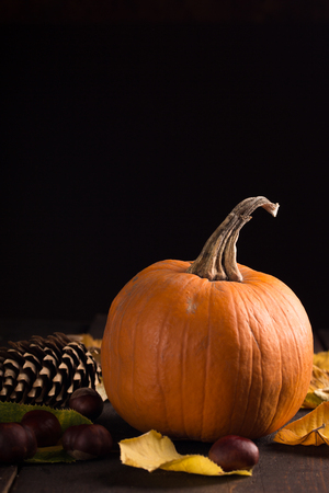 pumpkin with chestnut and autumn leaves on a wooden surfaceの写真素材