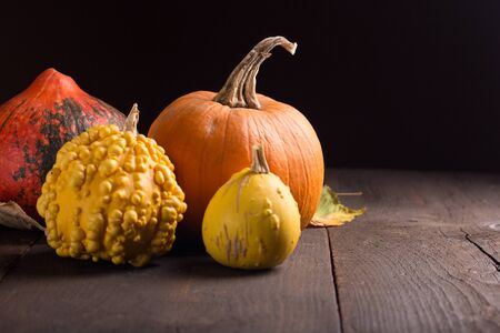 pumkins on wooden tableの写真素材