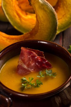 closeup of traditional pumpkin soupの写真素材
