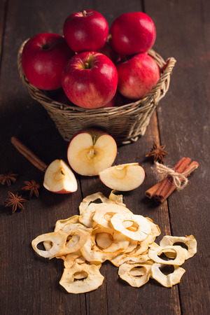 dried apple on wooden tableの写真素材