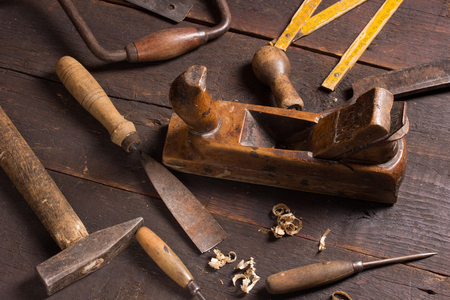 Set of carpenters tool at carpenters workshopの写真素材
