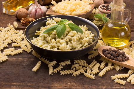 pasta with green pesto sauceの写真素材