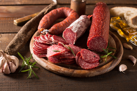 Assortment of smoked sausagesの写真素材