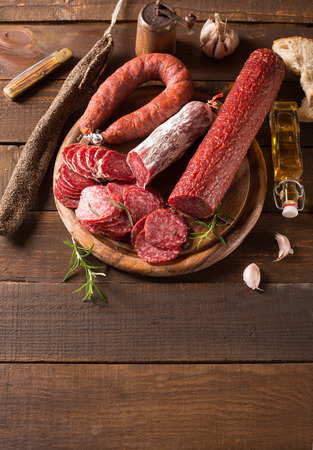 various sausage on a cutting boardの写真素材