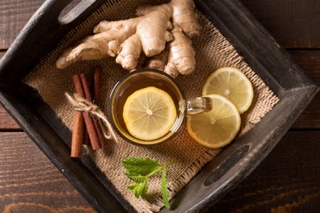 top view of ginger tea with cinnamon and mintの写真素材