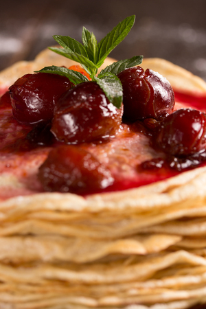 pancakes with  fresh plum`s confitureの写真素材