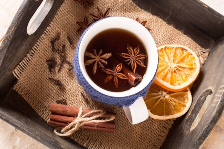 top view of mulled wine with spicesの写真素材