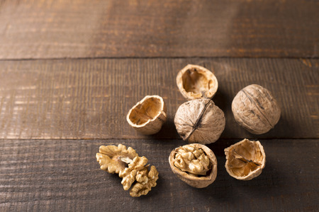 walnuts on a rustic tableの写真素材