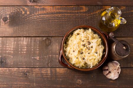top view of sauerkraut on rustic tableの写真素材
