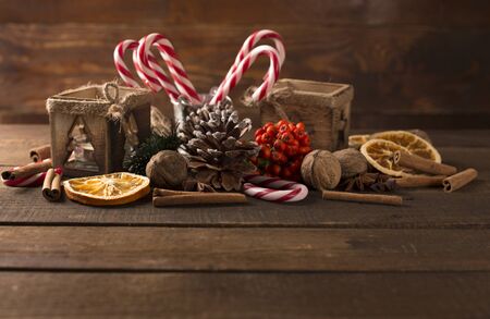 christmas background with candies, cinnammon and aniseの写真素材