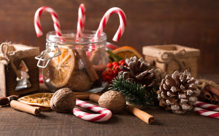 christmas background with candies, cinnammon and aniseの写真素材