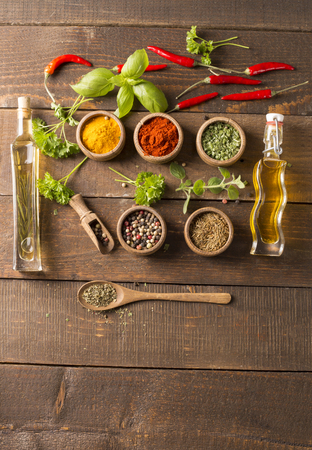 Spices and herbs. Variety of spices and mediterranean herbs.の写真素材