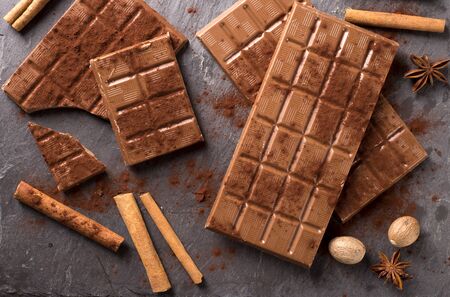 Chocolate in  vintage style. Delicious chocolate with cinnamon and cocoaの写真素材