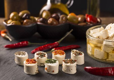 feta cheese with olive oil and red pepper a mediterranean snackの写真素材