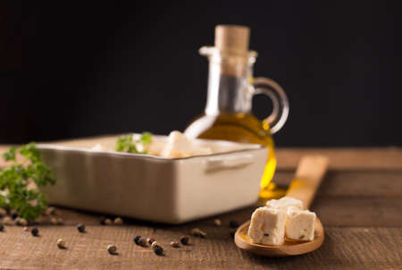 Feta Cheese on wooden backgroundの写真素材