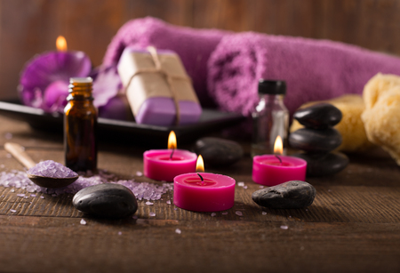 bath relaxation and body treatment on wooden tableの写真素材