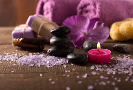 bath relaxation and body treatment on wooden tableの写真素材