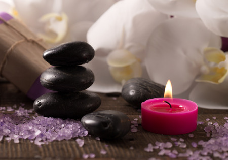 bath relaxation and body treatment on wooden tableの写真素材