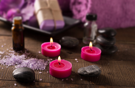 bath relaxation and body treatment on wooden tableの写真素材