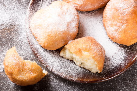 homemade  traditional donuts with powdered sugarの写真素材