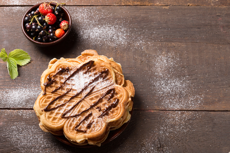 Breakfast in the morning with waffles and fruitsの写真素材