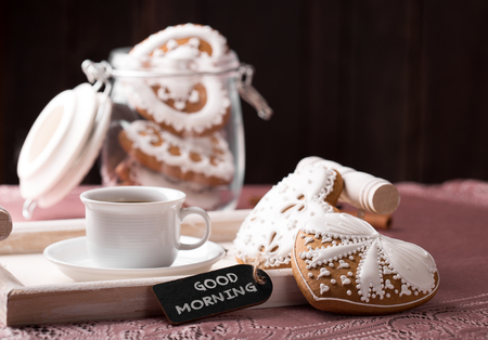 morning coffee with gingerbread cookiesの写真素材