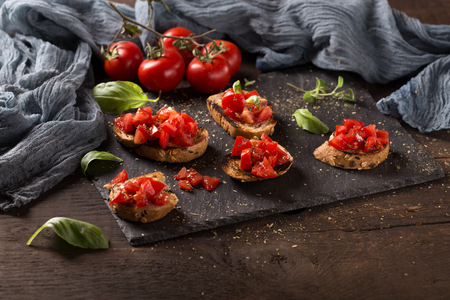 Tasty Italian appetizer, or bruschetta,toasted baguetteの写真素材
