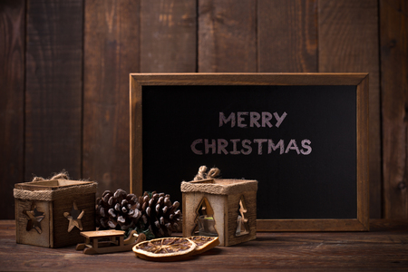 rustic christmas background with the text Merry Christmasの写真素材
