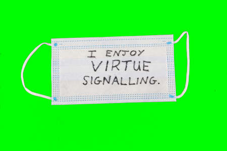 i enjoy virtue signalling drawn on a face mask with green backgroundの写真素材