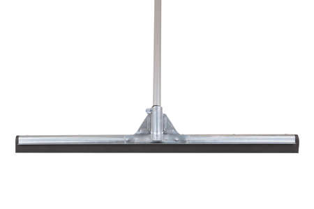 straight on view of an aluminium floor squeegee with metal pole attached against a pure white background.の写真素材