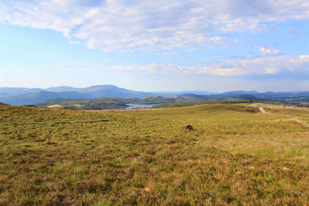 view from the top of the hillside in the highlands of scotland with field, river and hills on the horizon.の写真素材