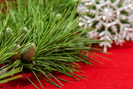 Christmas background with decorations on red boardの写真素材