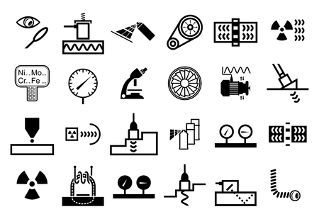 Set of vector monochrome icons of non destructive testing methods and techniquesのイラスト素材