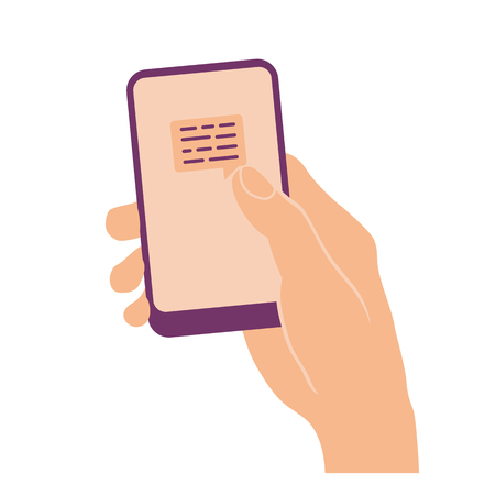 Hand holding and pointing on mobile phone with message sign on screen. Flat design sms symbol isolated on white.のイラスト素材