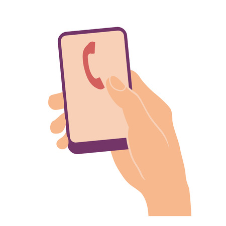 Hand holding and pointing on mobile phone with handset sign on screen. Flat design symbol isolated on white. Answering the phone.のイラスト素材