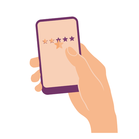 Hand holding and pointing on mobile phone with three stars on screen. Service rating. Flat design isolated on white.のイラスト素材
