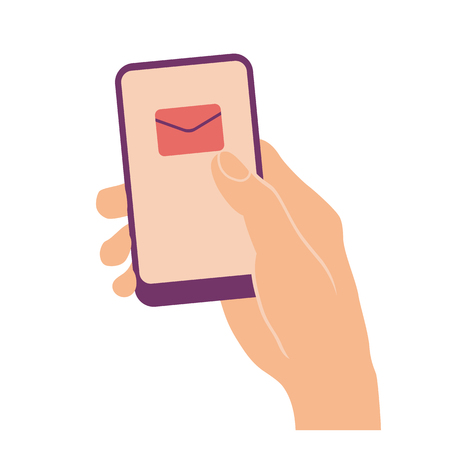 Hand holding and pointing on mobile phone with envelope on screen. Mail sign flat design isolated on white.のイラスト素材
