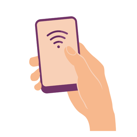 Hand holding and pointing on mobile phone with wi-fi symbol on screen. Flat design vector illustration isolated on white.のイラスト素材