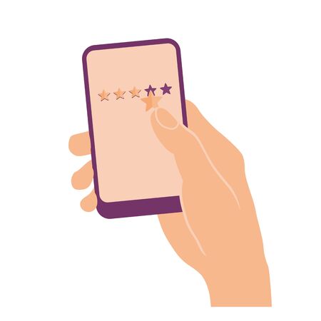 Hand holding and pointing on mobile phone with four stars on screen. Service rating. Flat design isolated on white.のイラスト素材