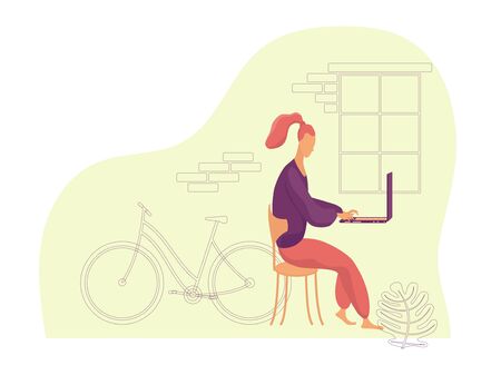 Side view of a young woman sitting on a chair and working on a laptop with a bicycle by the window in the background. Color vector flat illustration with purple linear elements.のイラスト素材
