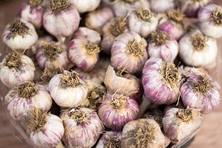 Texture a pile of white garlic in the basket . Vitamin a healthy dietの写真素材