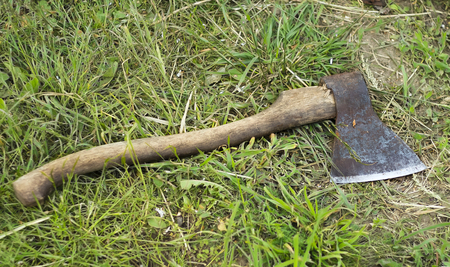 sharp old Axe lying on the green grass.