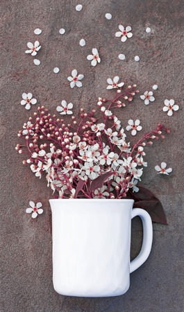 A bouquet of white flowers in a ceramic Cup on a concrete background flat lay. in pink color.の写真素材