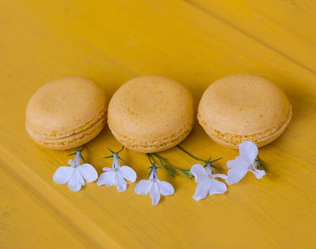 yellow macaroons cake on yellow background with white flowers .の写真素材