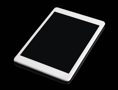 white tablet with a black screen on a black background.の写真素材