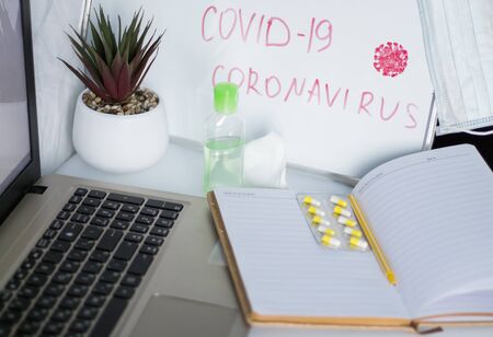 The concept of quarantine of the Cavid-19 pandemic coronavirus, remote work from home, with...